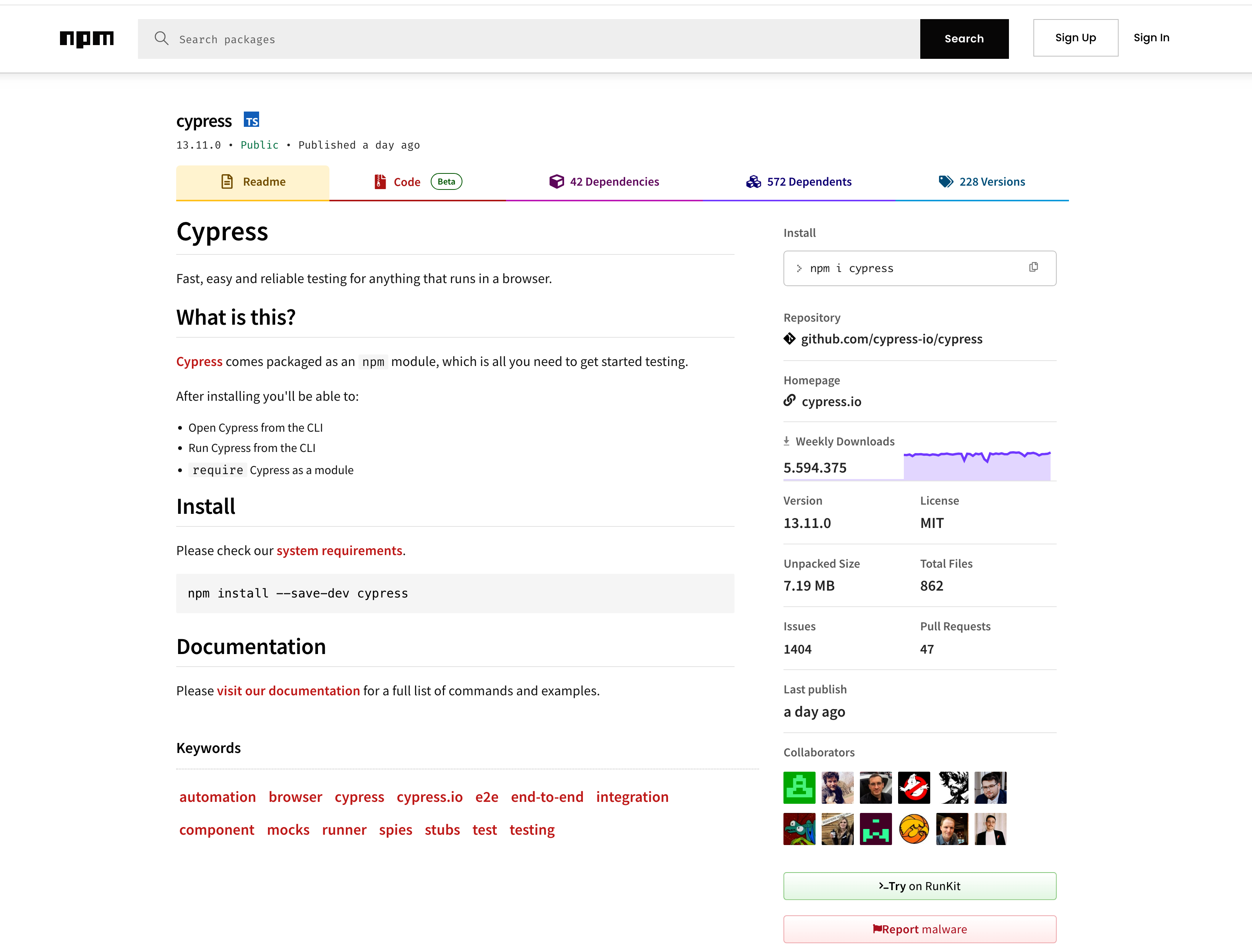 a screenshot shows the cypress weekly downloads from npmjs.com
