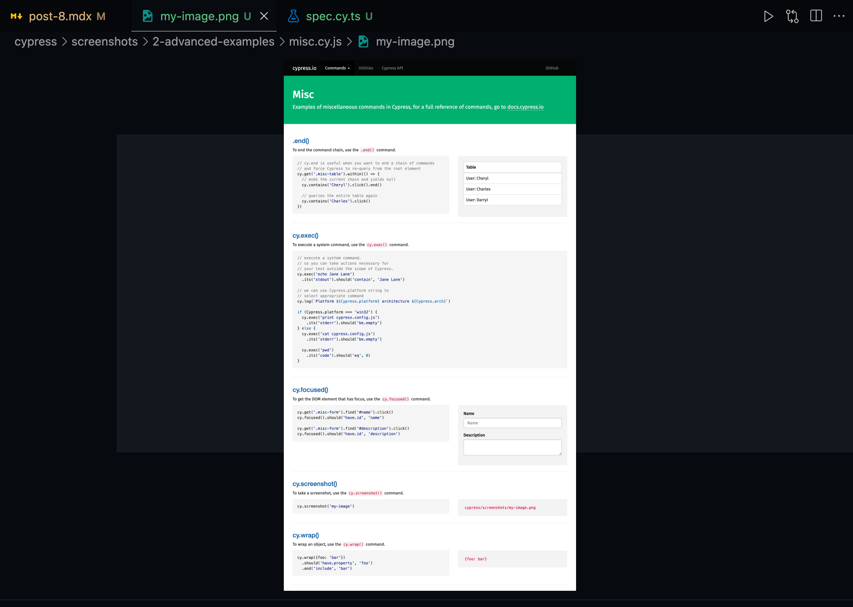a screenshot shows the cypress screenshot function