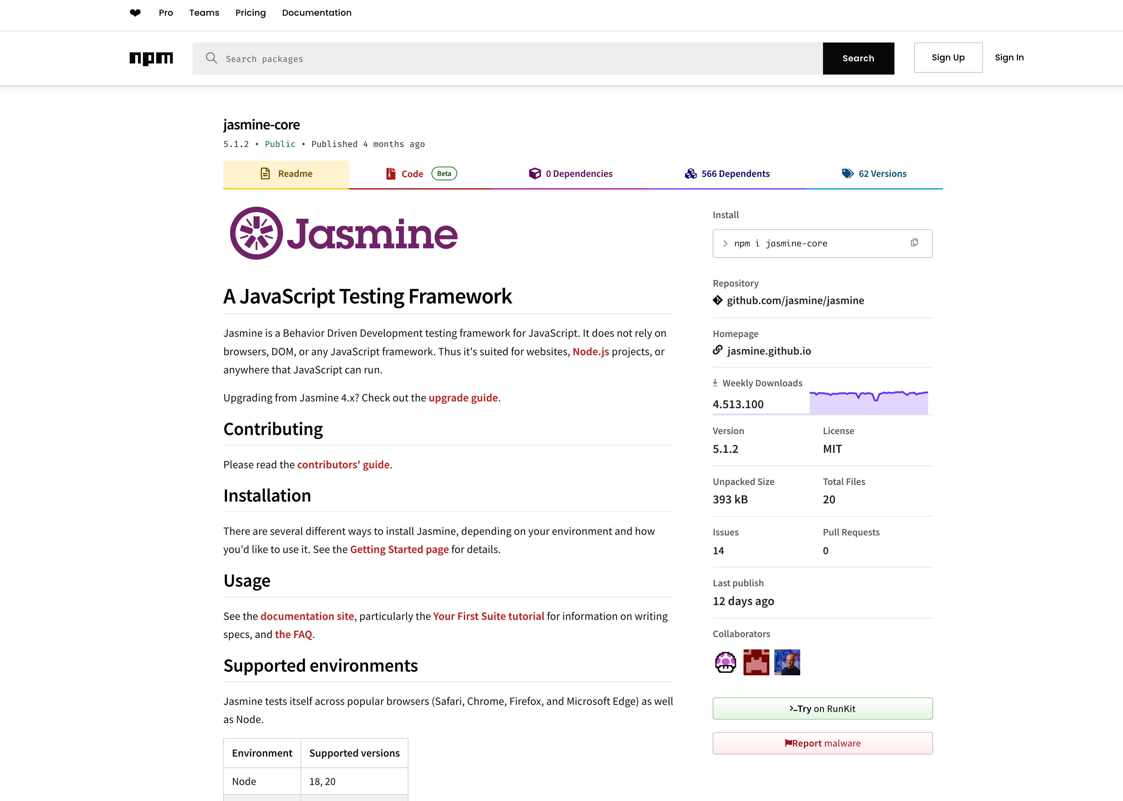 a screenshot shows the jasmine weekly downloads from npmjs.com
