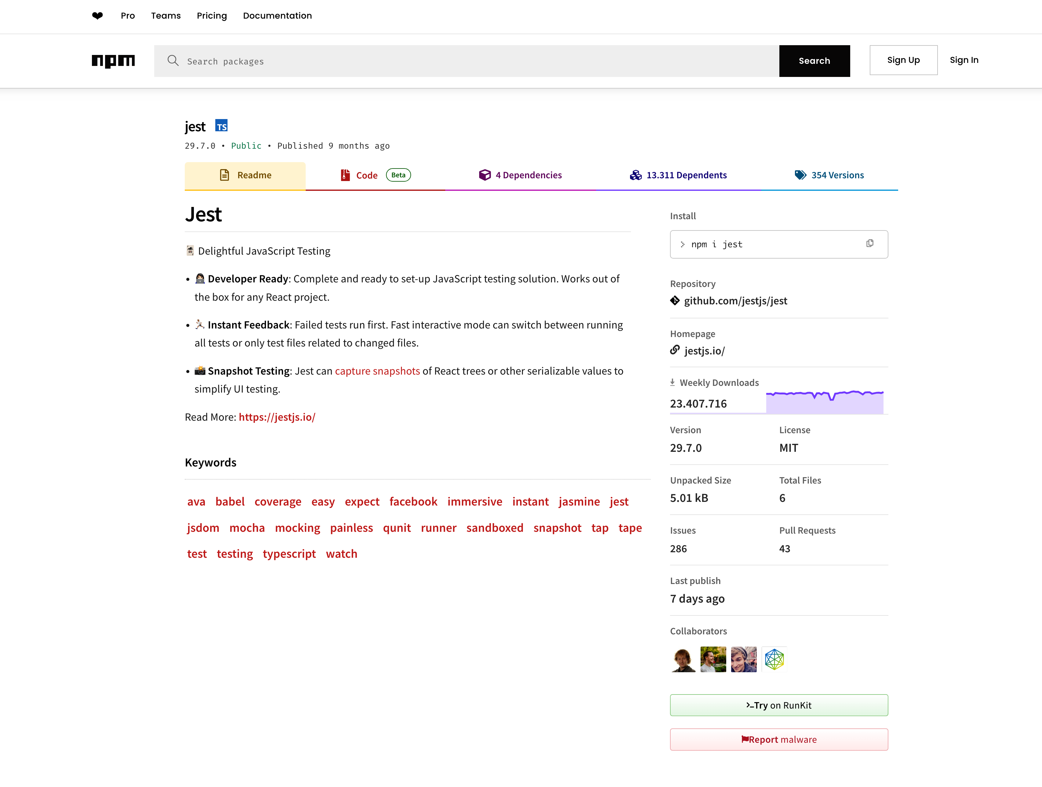 a screenshot shows the jest weekly downloads from npmjs.com