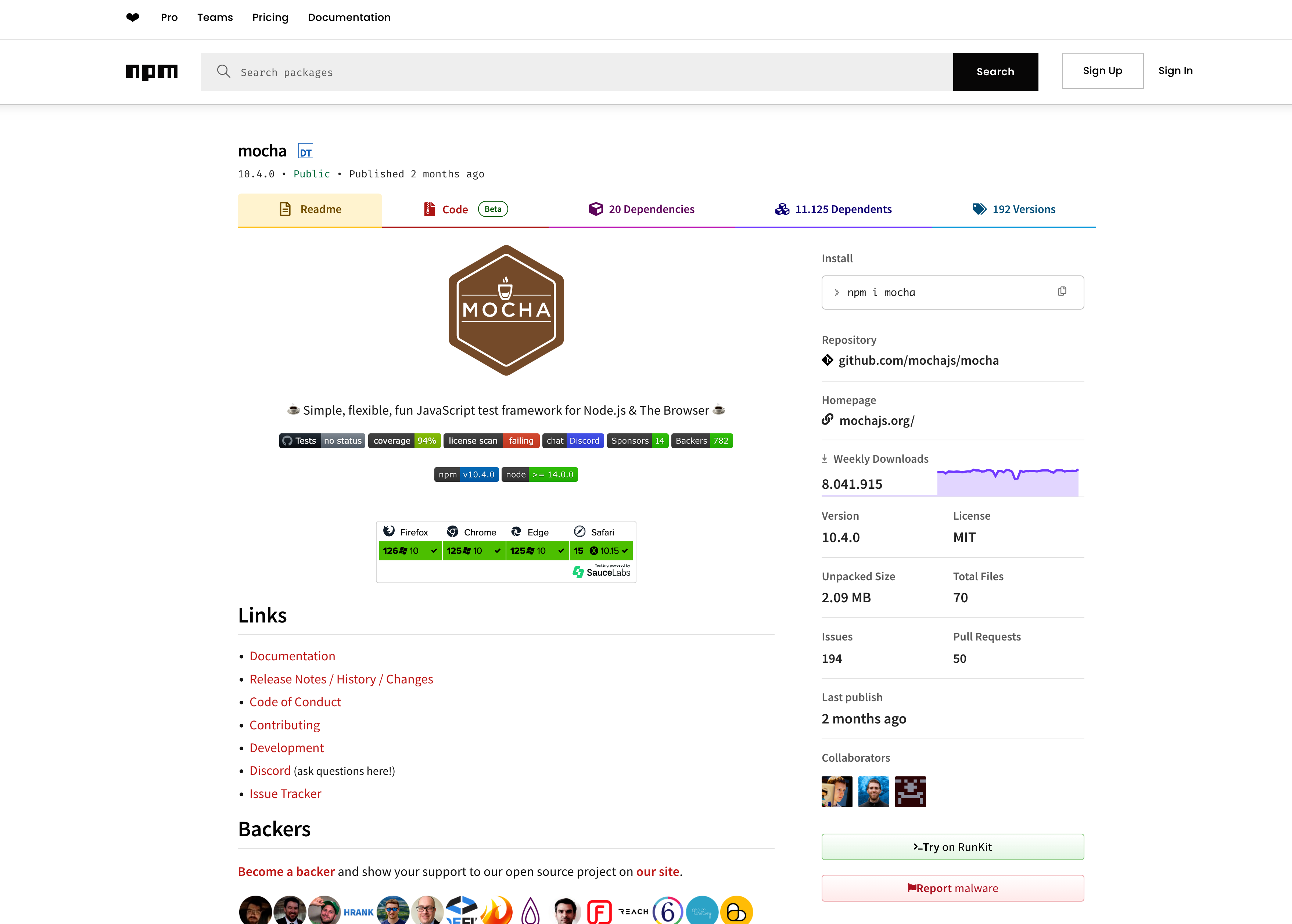 a screenshot shows the mocha weekly downloads from npmjs.com